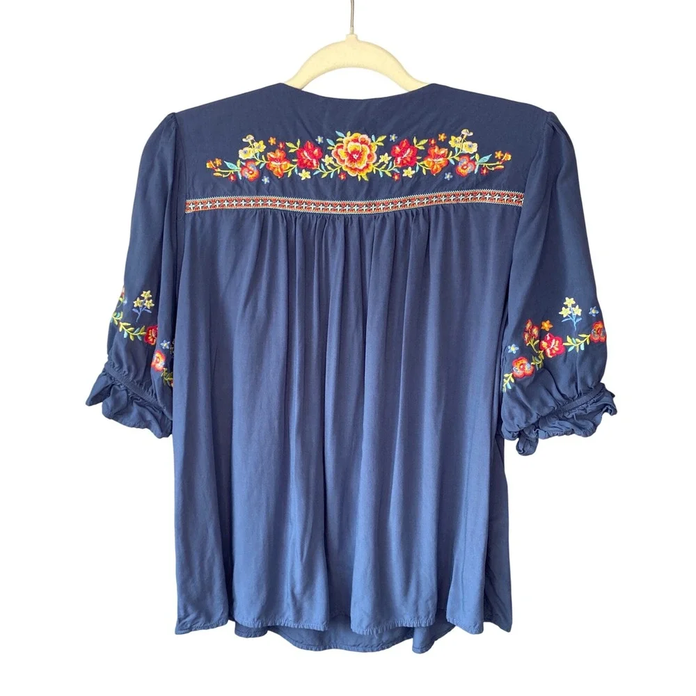 Savanna Jane Blue Floral Embroidered Boho Peasant Blouse Puff Sleeve Medium - Picture 2 of 12